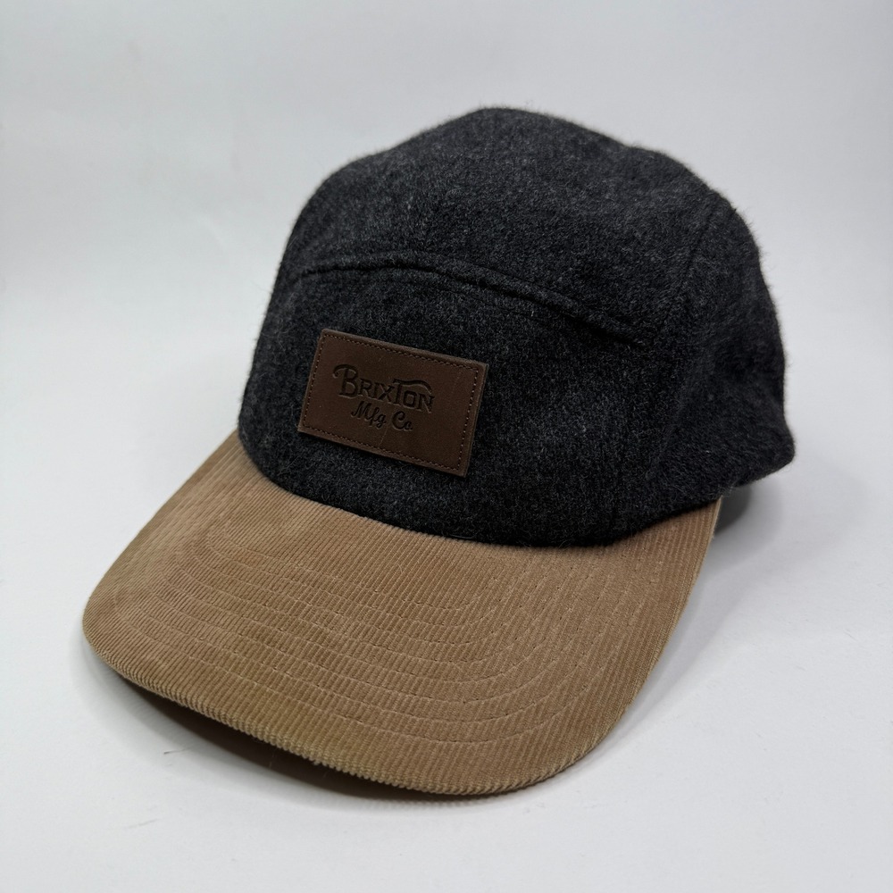 Brixton 5 Panel Camper Hat Charcoal Grey Wool Tan Corduroy Brim Leather Strap - Picture 2 of 9
